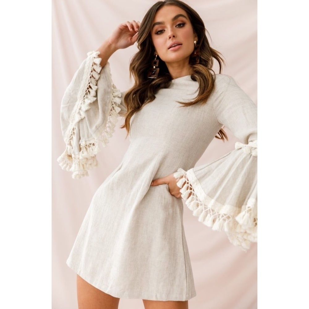Selfie Leslie Cream Long Sleeve Tassel Bell Sleeve Mini Dress